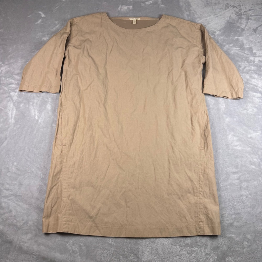 Eileen Fisher Tan Organic Cotton Metallic Shift Dress 3/4 Sleeve Pockets SP - Picture 2 of 9